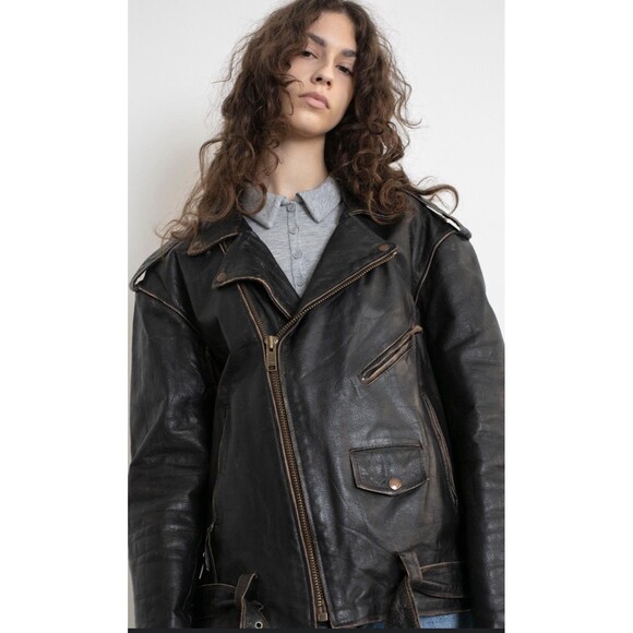 4 Openers Size L Mens Leather Jacket Motorcycle Black Biker Heavy Belt Cafe - Picture 1 of 8